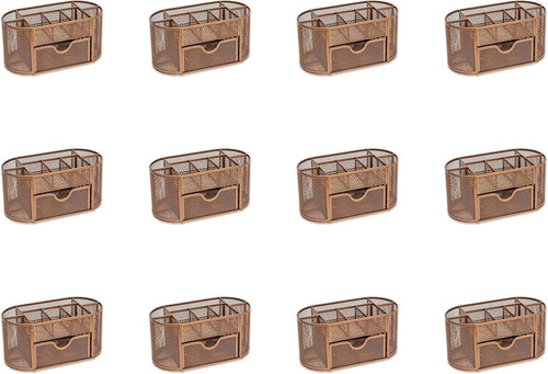 8-Compartment Rose Gold Desk Organiser with Drawer – Pen & Stationery Tidy