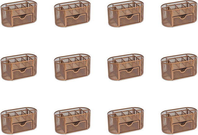 8-Compartment Rose Gold Desk Organiser with Drawer – Pen & Stationery Tidy