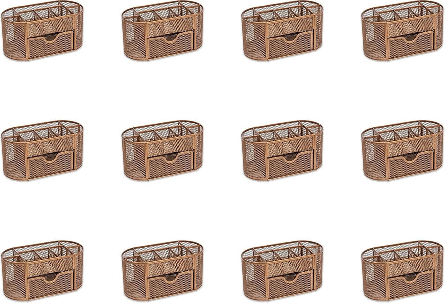 8-Compartment Rose Gold Desk Organiser with Drawer – Pen & Stationery Tidy