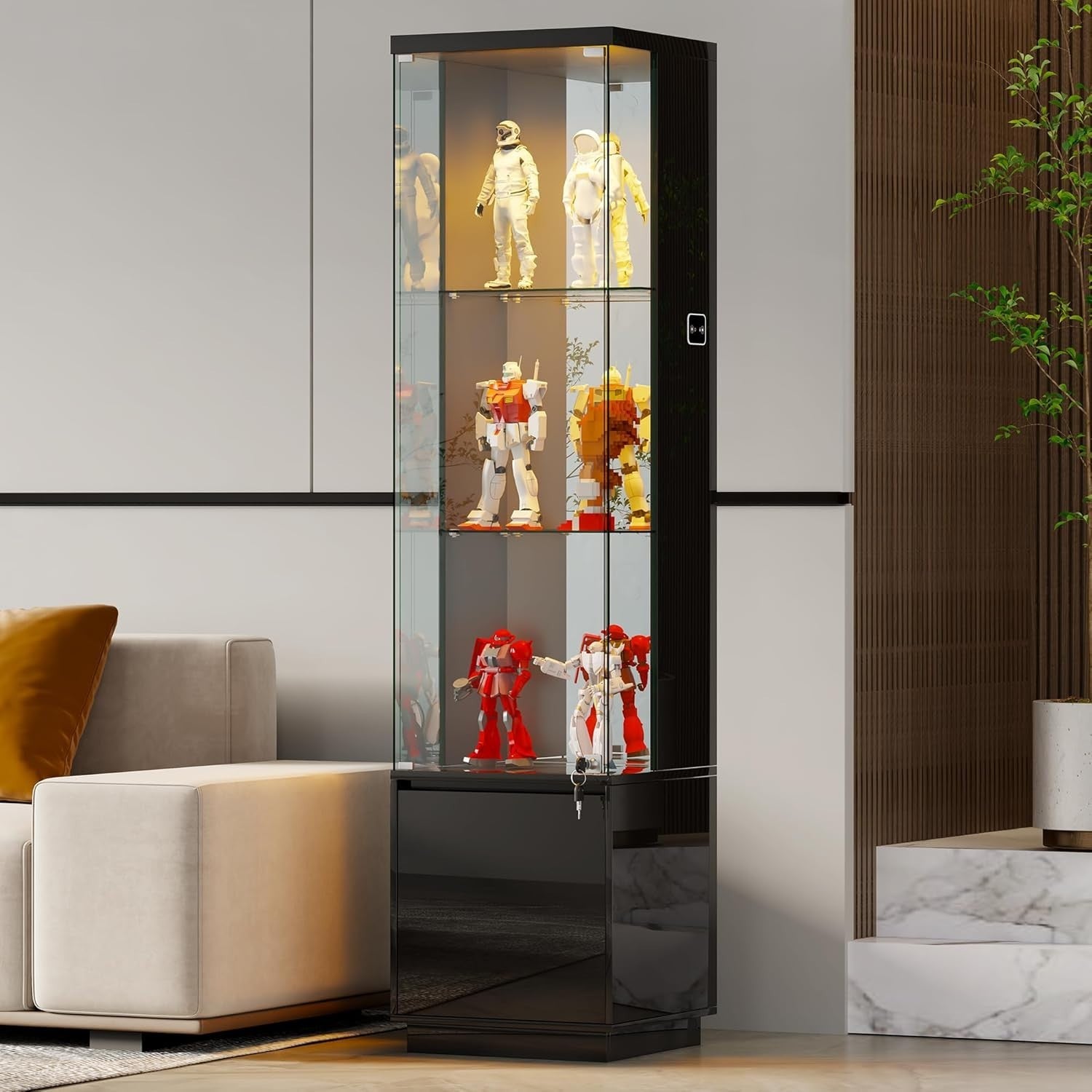 Tall Glass Display Cabinet w/ Lights & Lock | Modern 3-Tier Storage Unit