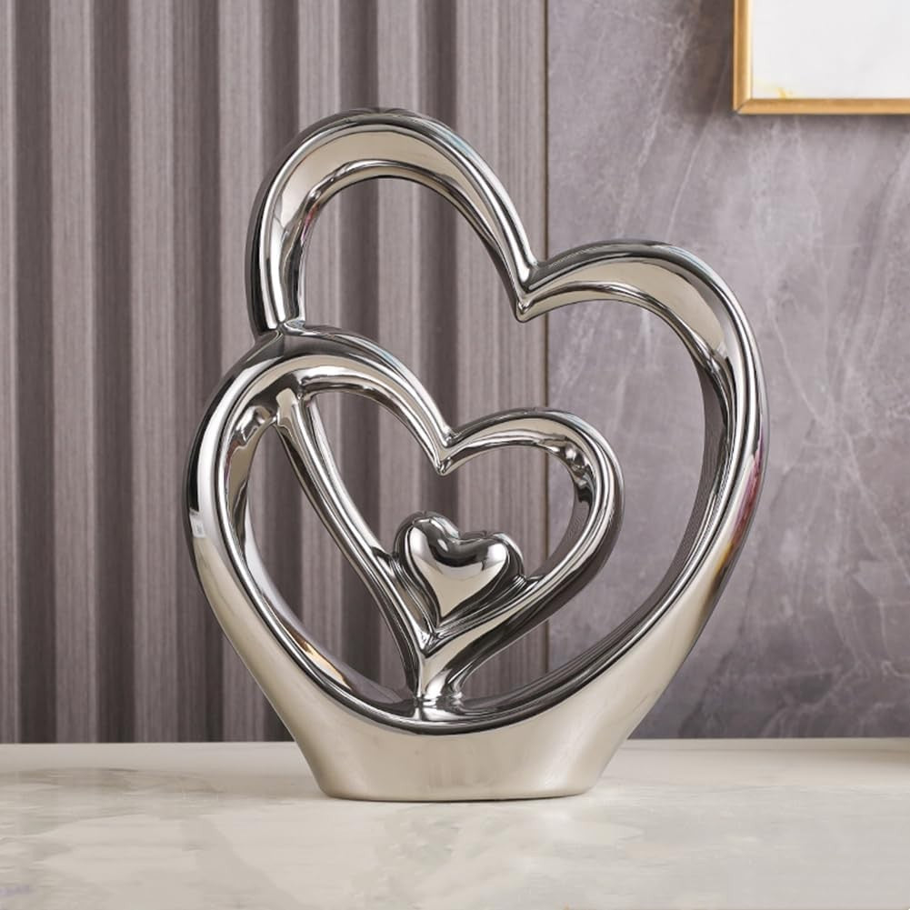Silver Double Heart Ceramic Sculpture Luxury Modern Romantic Home Decor Ornament