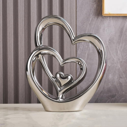 Silver Double Heart Ceramic Sculpture Luxury Modern Romantic Home Decor Ornament
