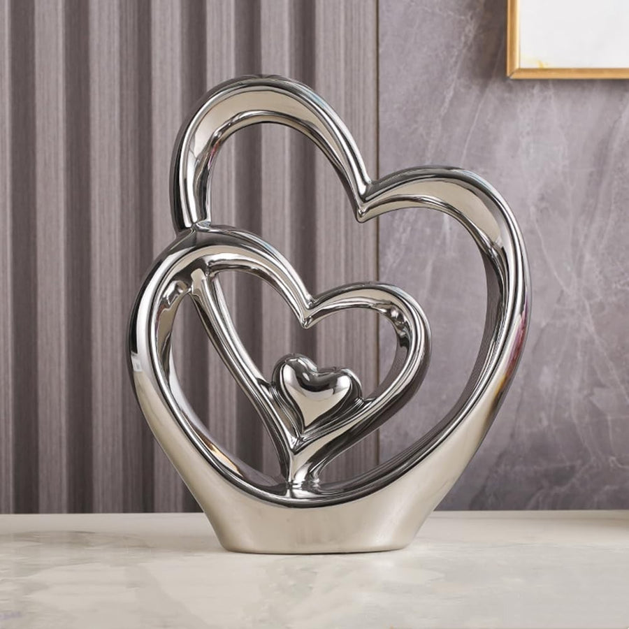Silver Double Heart Ceramic Sculpture Luxury Modern Romantic Home Decor Ornament
