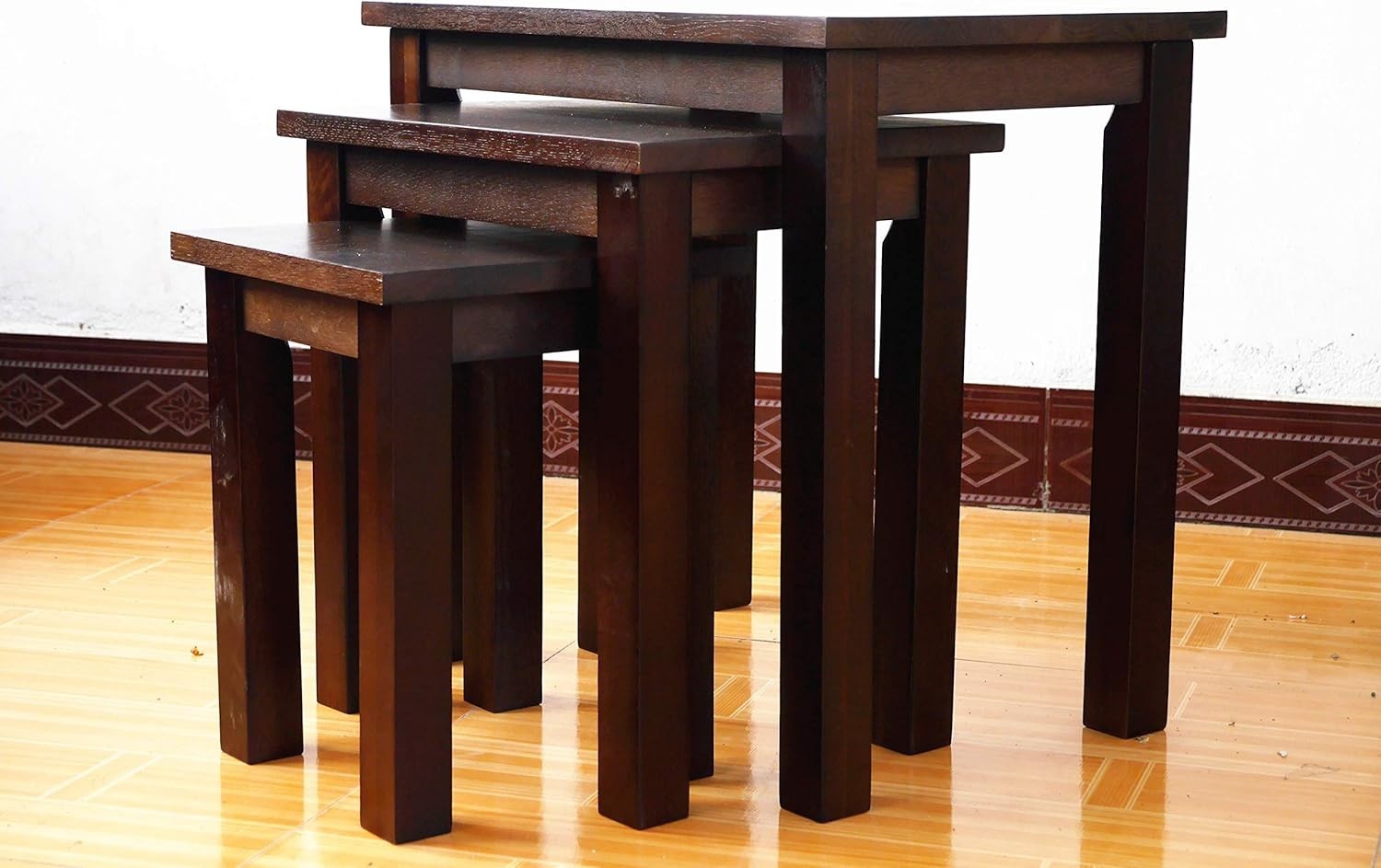 3 Nesting Coffee Tables Set Walnut Oak Wood Rectangular Living Room Side End