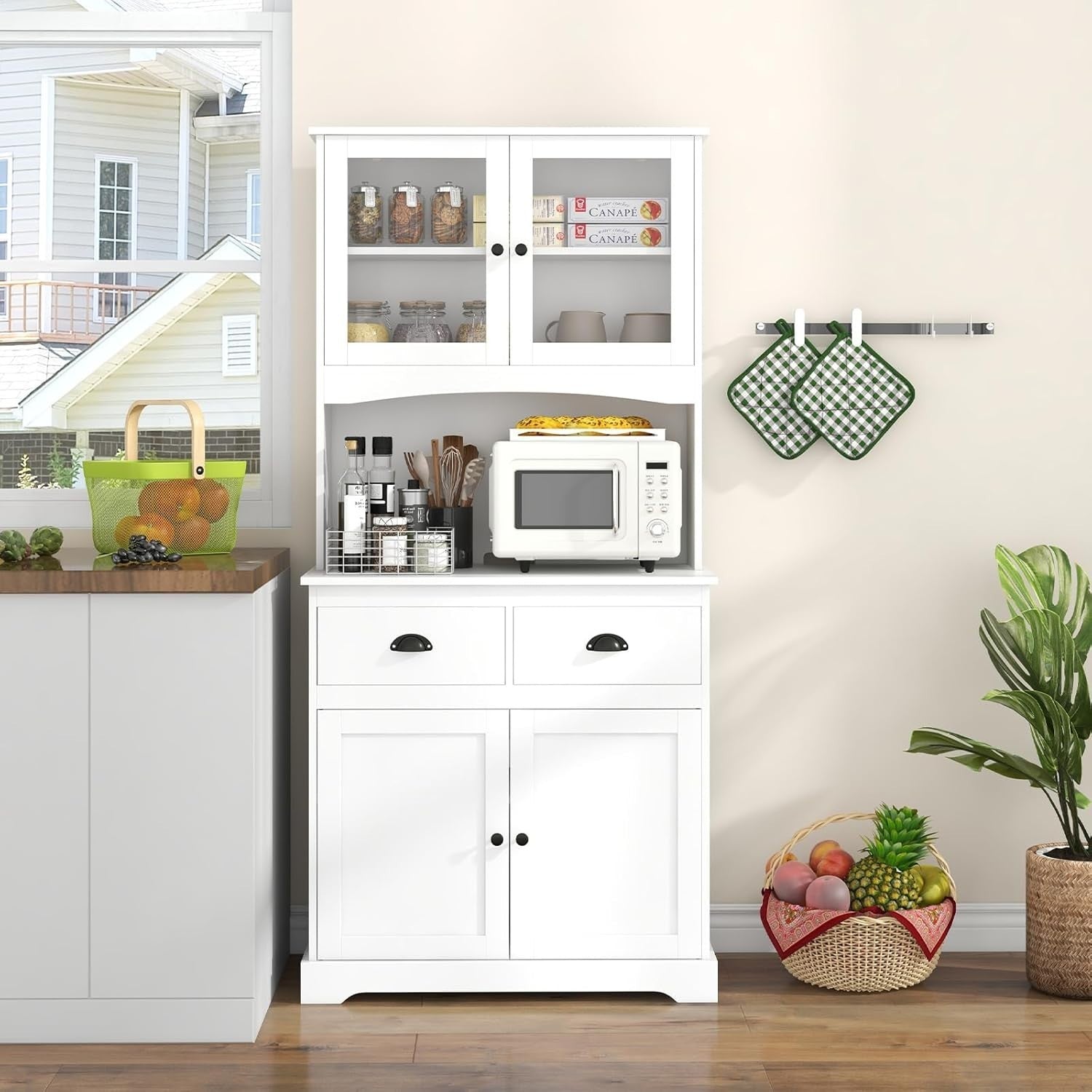 White 170cm Kitchen Cupboard 4-Door Pantry 2 Drawers Adjustable Shelf Cable Hole