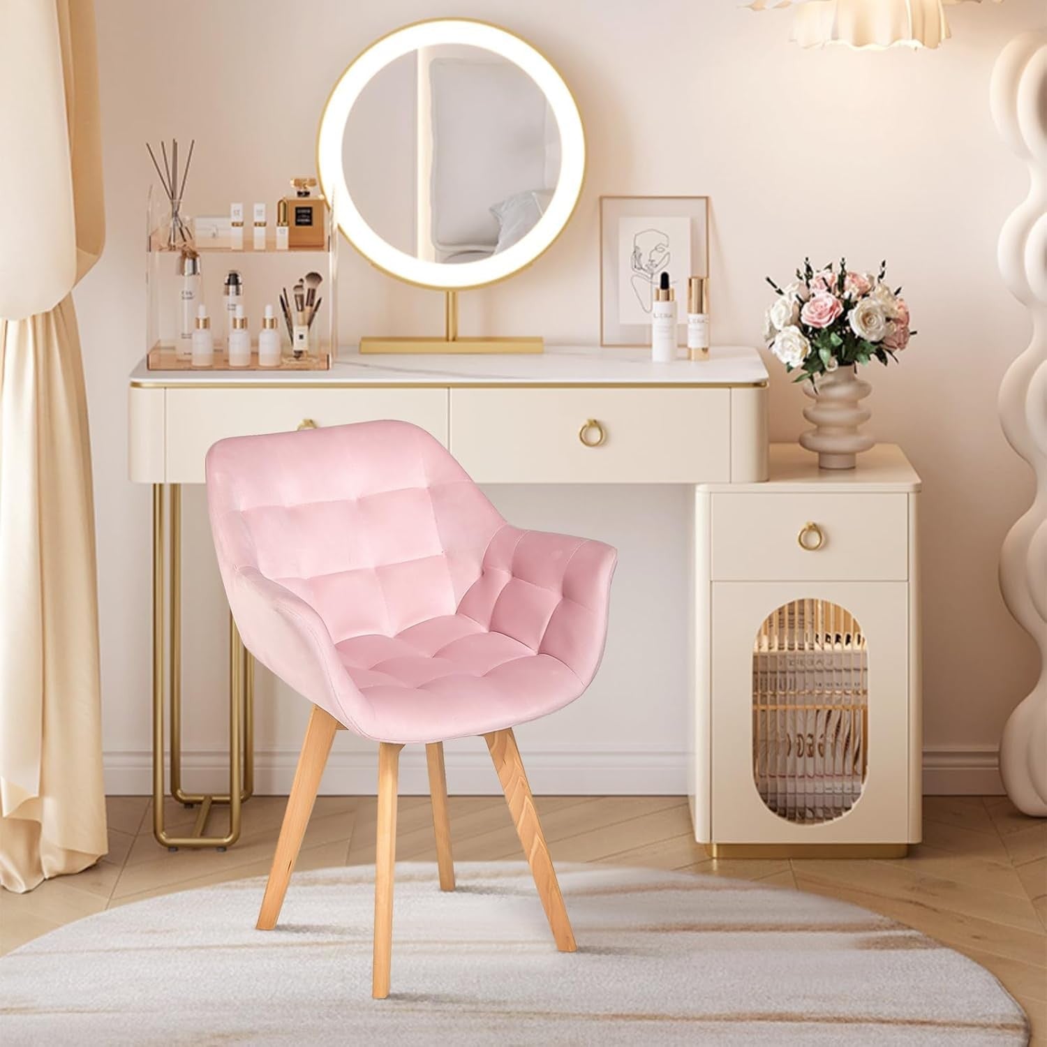 Pink Velvet Swivel Tub Chair Accent Armchair Wood Legs