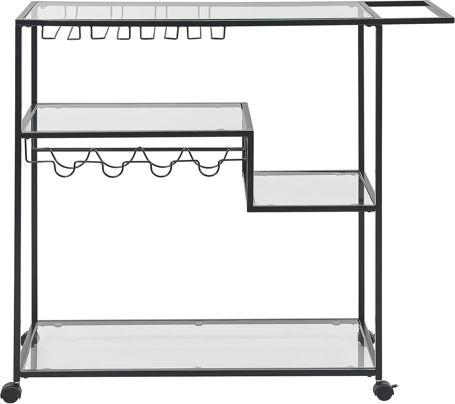 Industrial Kitchen Trolley on Wheels Glass Shelves Bottle Rack Serving Cart