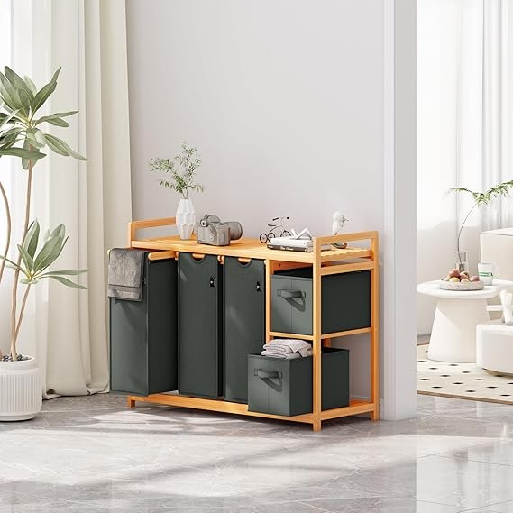 5-Compartment Bamboo Laundry Sorter with 3 Bags & 2 Drawers | 190L Organiser