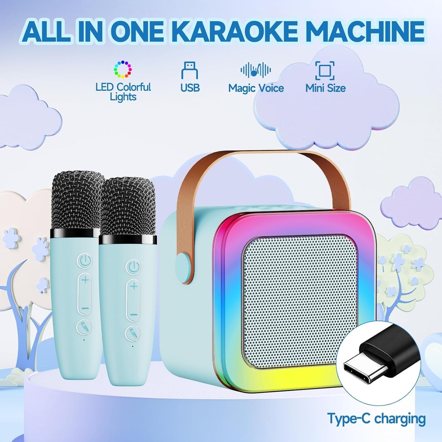 Mini Karaoke Machine for Kids & Teens 2 Wireless Mics LED Lights