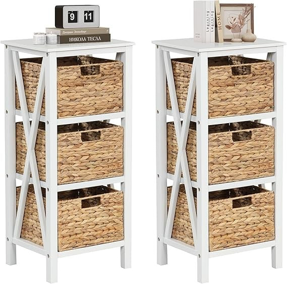 2x White 3-Tier Bedside Tables with Seagrass Baskets | Tall Slim Rustic