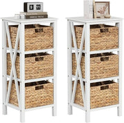 2x White 3-Tier Bedside Tables with Seagrass Baskets | Tall Slim Rustic
