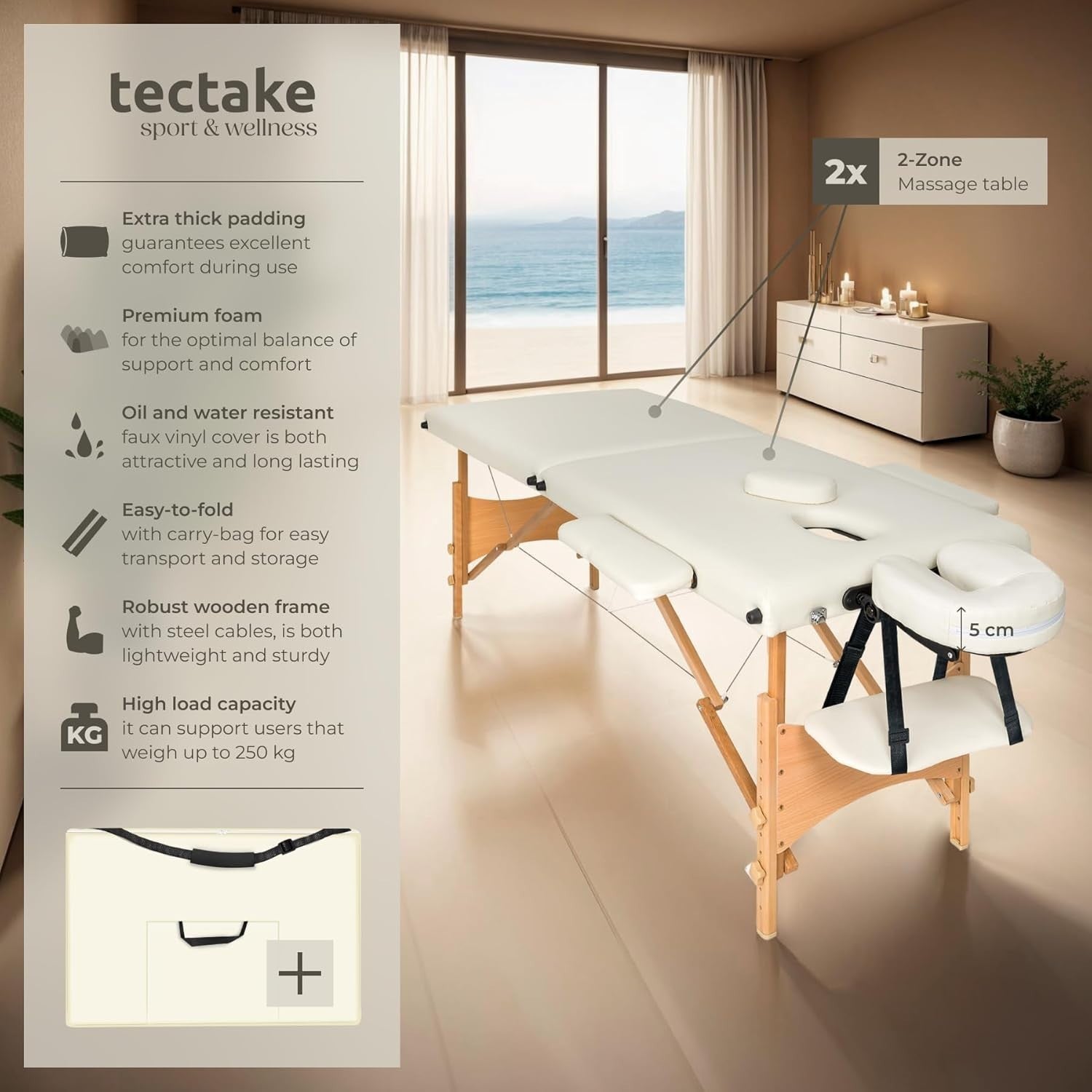 Portable Massage Table Foldable Beauty Therapy Bed 61cm Adjustable Beige