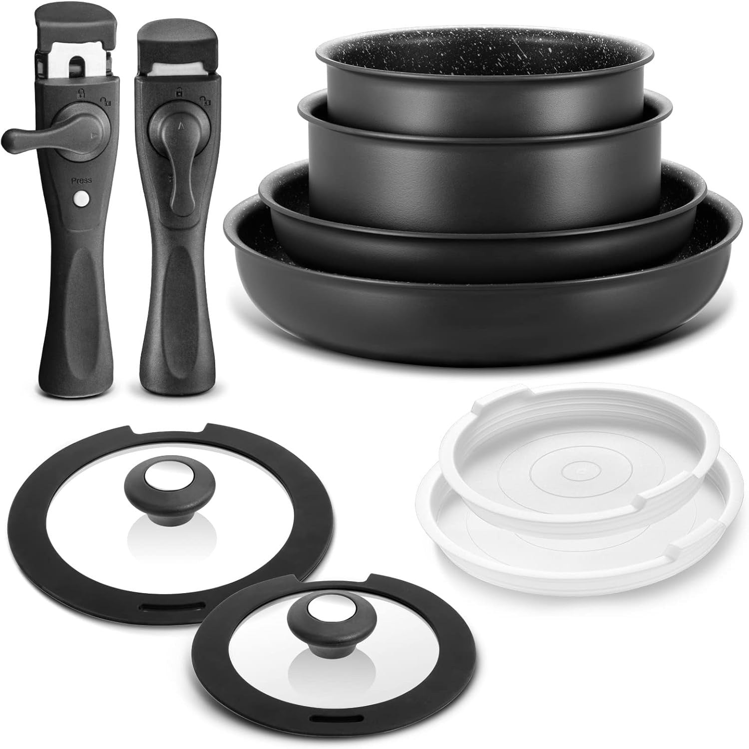 10pcs Induction Cookware Set Non-Stick Pans & Pots with Detachable Handles