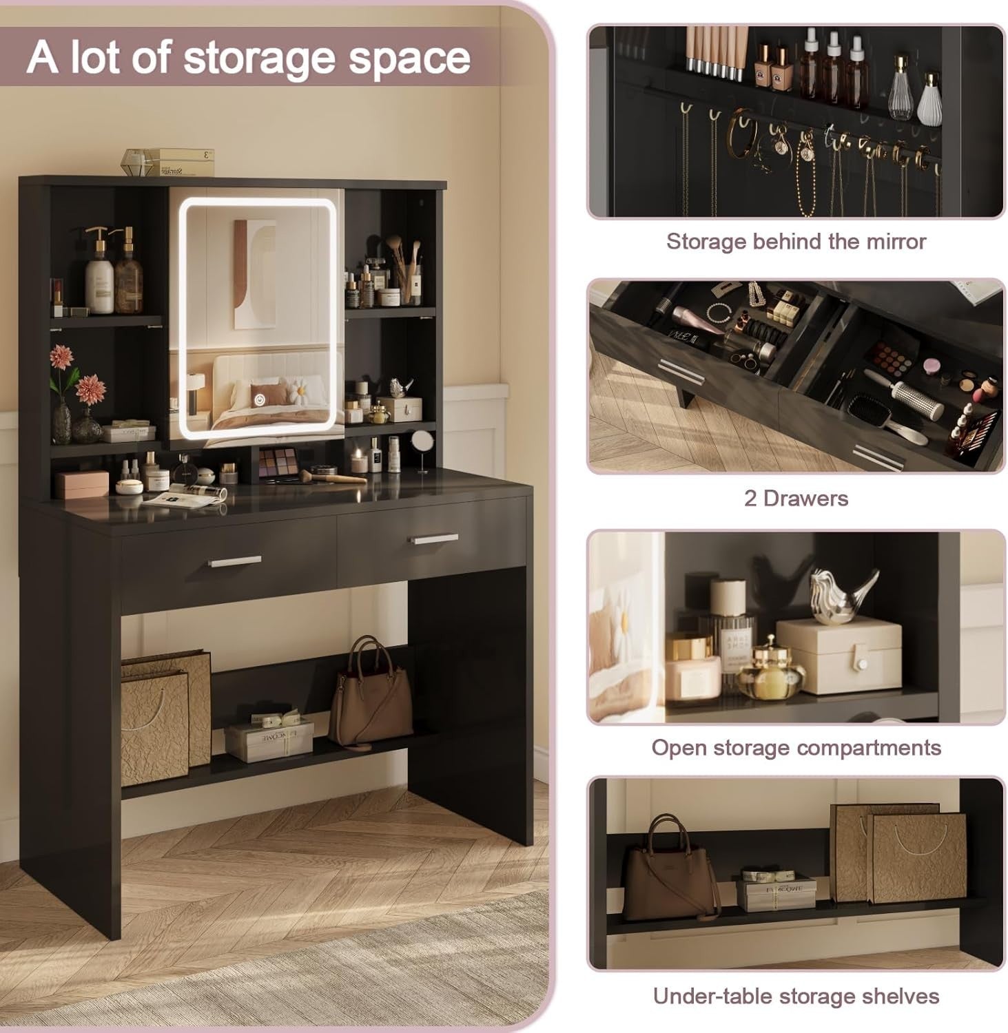 Modern Dressing Table Vanity w/LED Mirror Lights 2 Drawers Storage Black