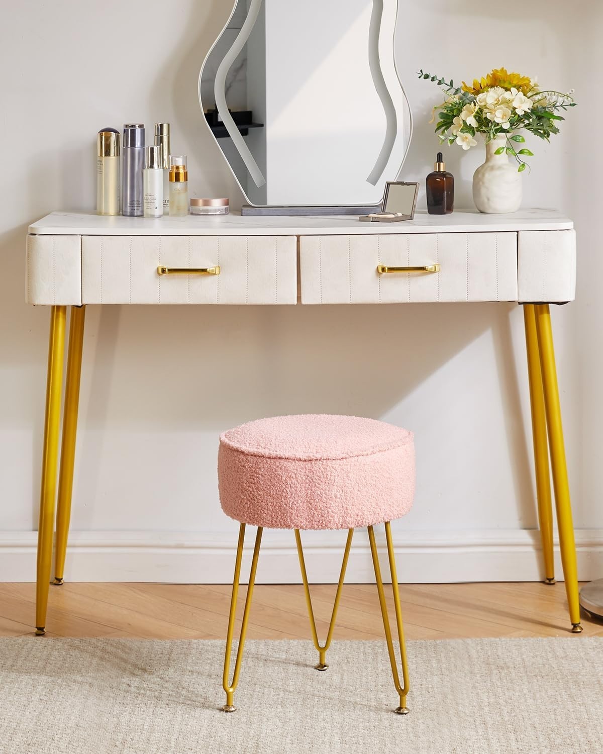 Velvet Round Footrest Ottoman – Cream White Vanity Stool with Steel Legs