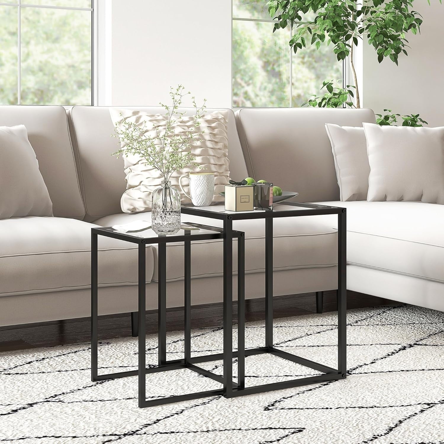 Black Nesting Coffee Table Set of 2 Square Tempered Glass Side End Tables