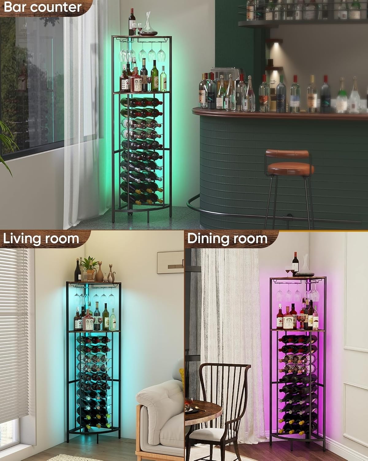 Corner Wine Rack Cabinet with LED Lights, 30 Bottle Storage & Glass Holder Bar