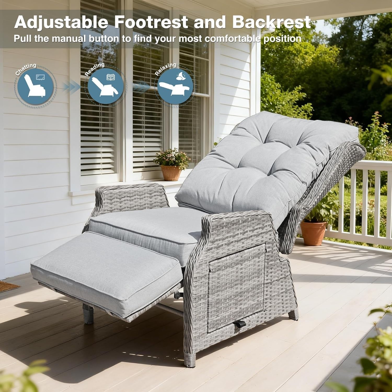 Rattan Recliner Chair Adjustable Sun Lounger with Cushions & Flip Side Table