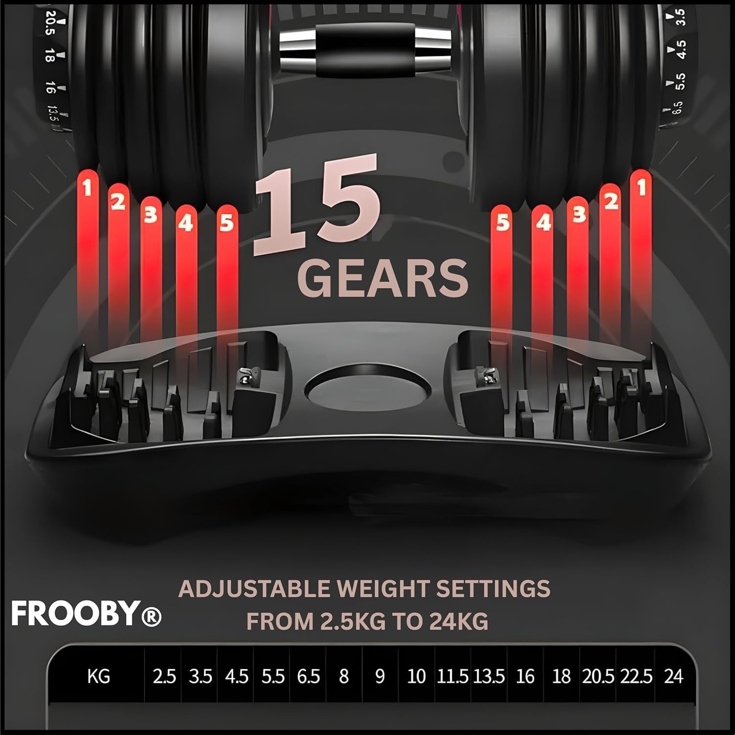 24kg Adjustable Dumbbell 15-in-1 Quick Dial Space Saving Home Gym Weight