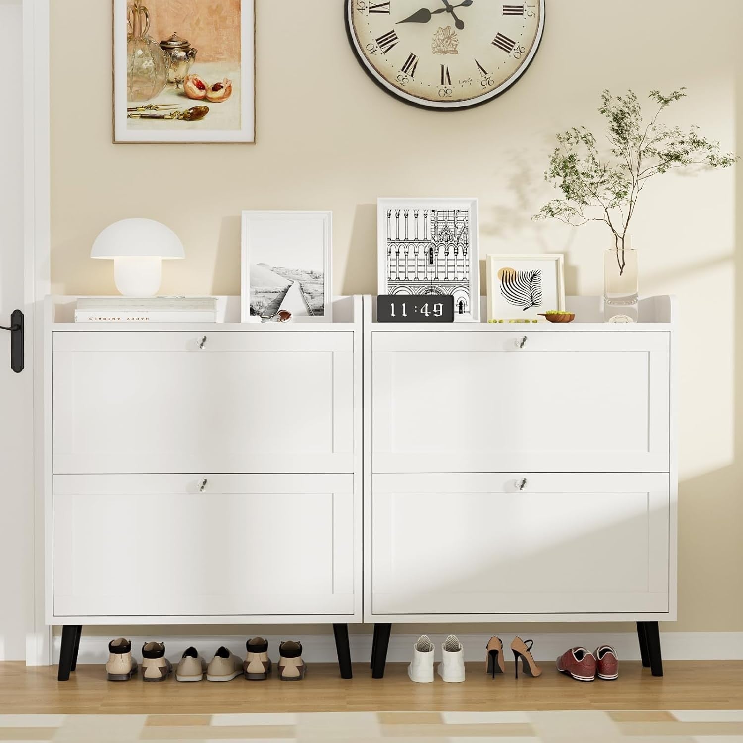 Slim White Shoe Cabinet 2 Flip Drawers with Storage, 80cm Entryway Unit