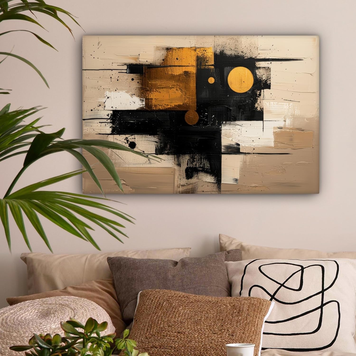 Abstract Canvas Wall Art 60x40cm Framed Beige Gold Modern