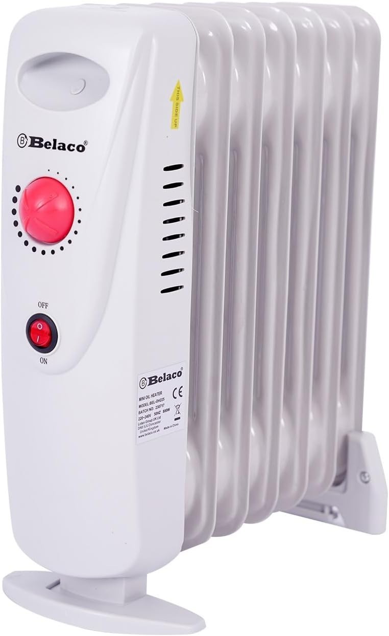 800W Mini Oil Filled Radiator 7 Fin Portable Electric Heater White