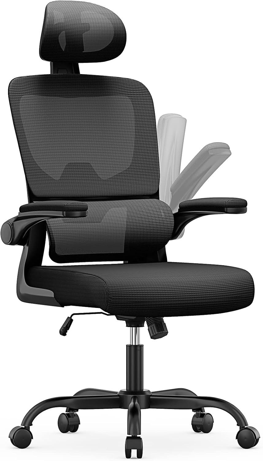 Ergonomic Mesh Office Chair, Adjustable Headrest & Backrest, Flip-up Arms, Cross