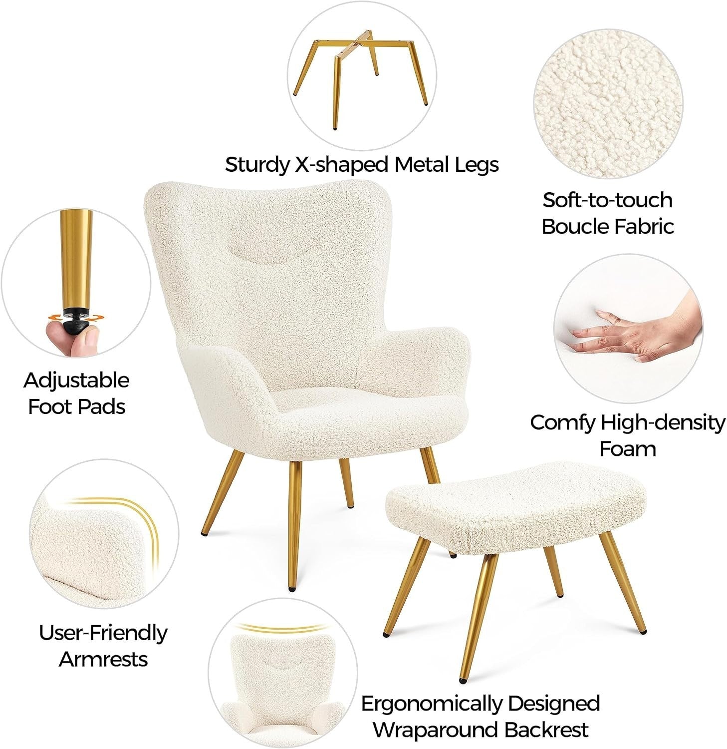 Sherpa Fuzzy Tub Chair with Ottoman, High Back Lounge Seat for Living Room