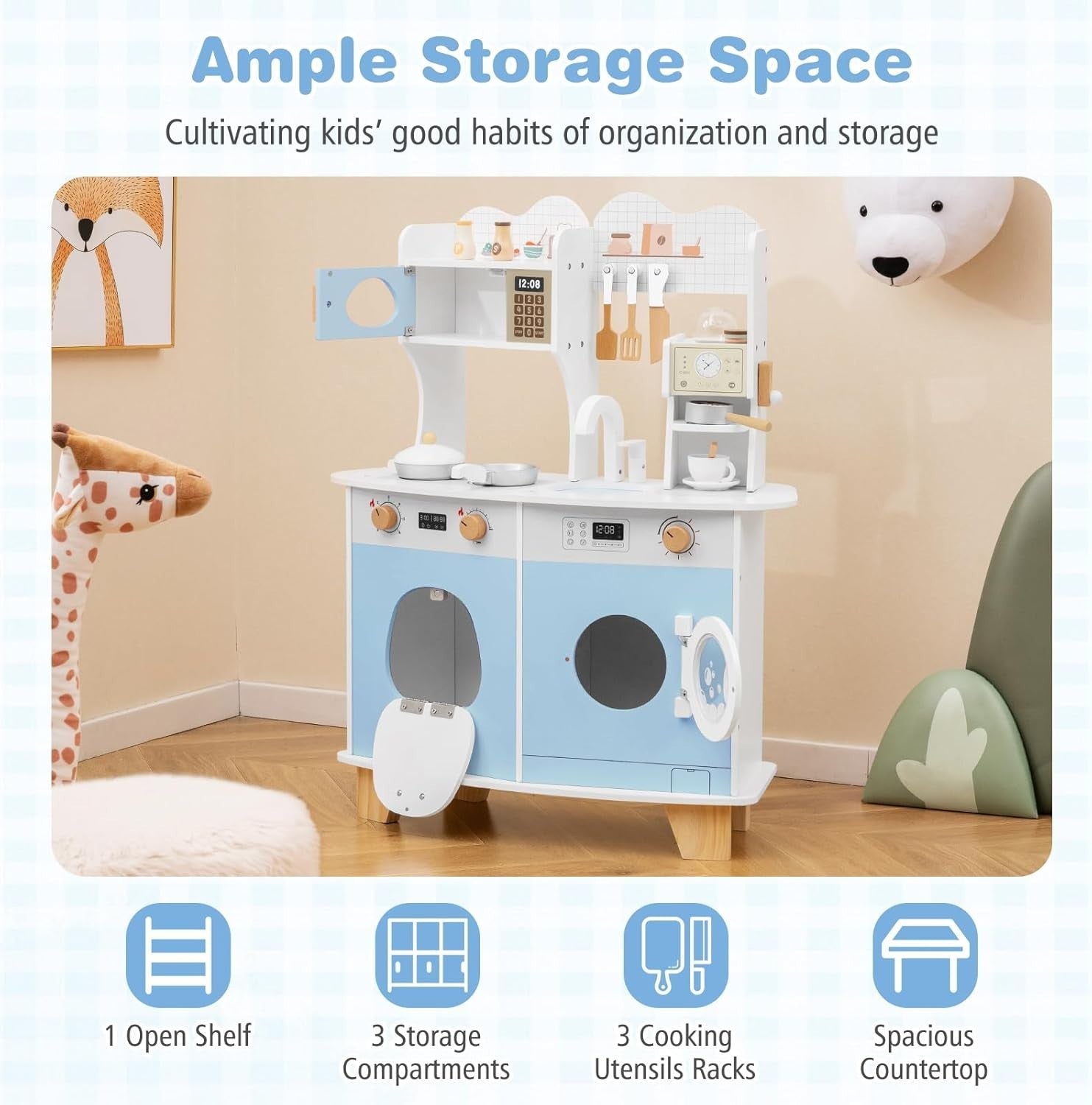 Kids Wooden Play Kitchen w/ Coffee Maker Microwave Blue Toy