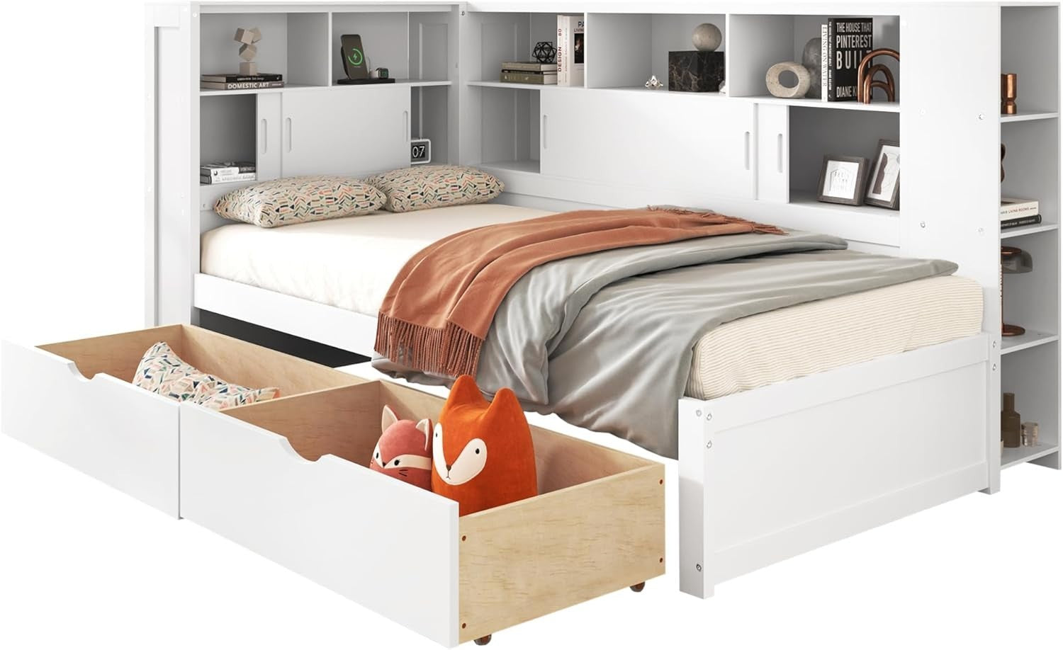 Single Storage Bed with Drawers, Shelves, USB, Bookcase, White 3FT