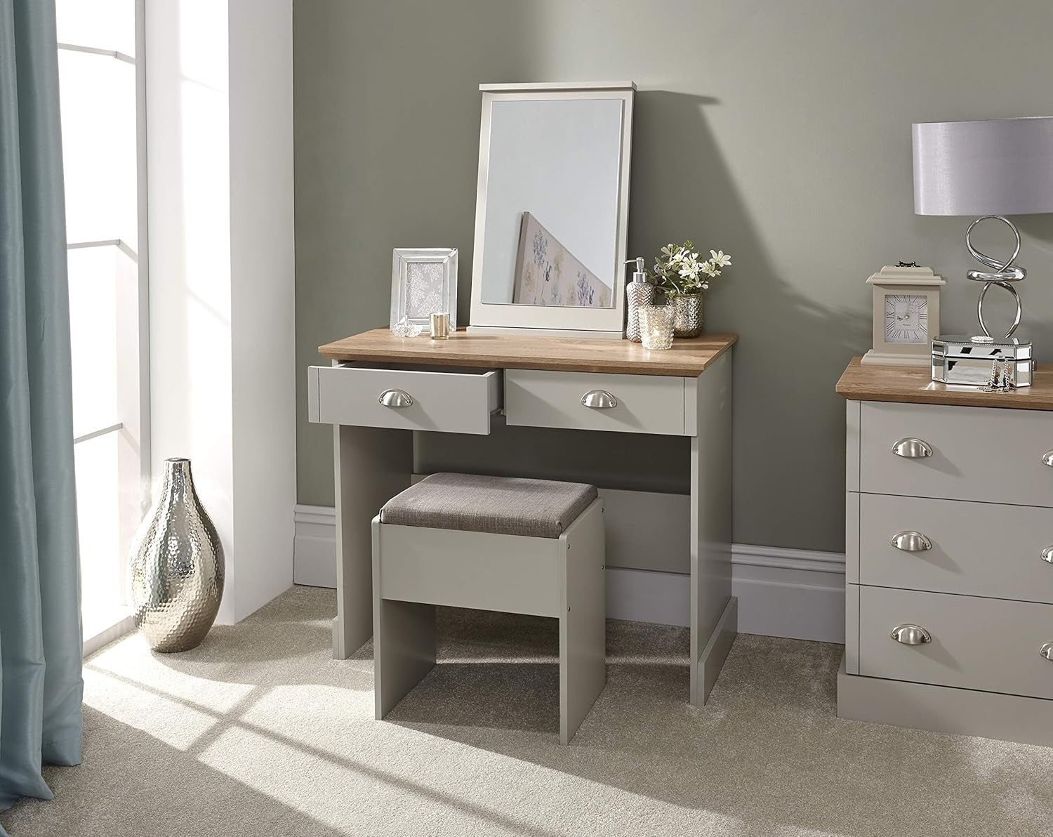 Grey Modern Vanity Dressing Table Set Mirror Stool 2 Drawers Bedroom Furniture