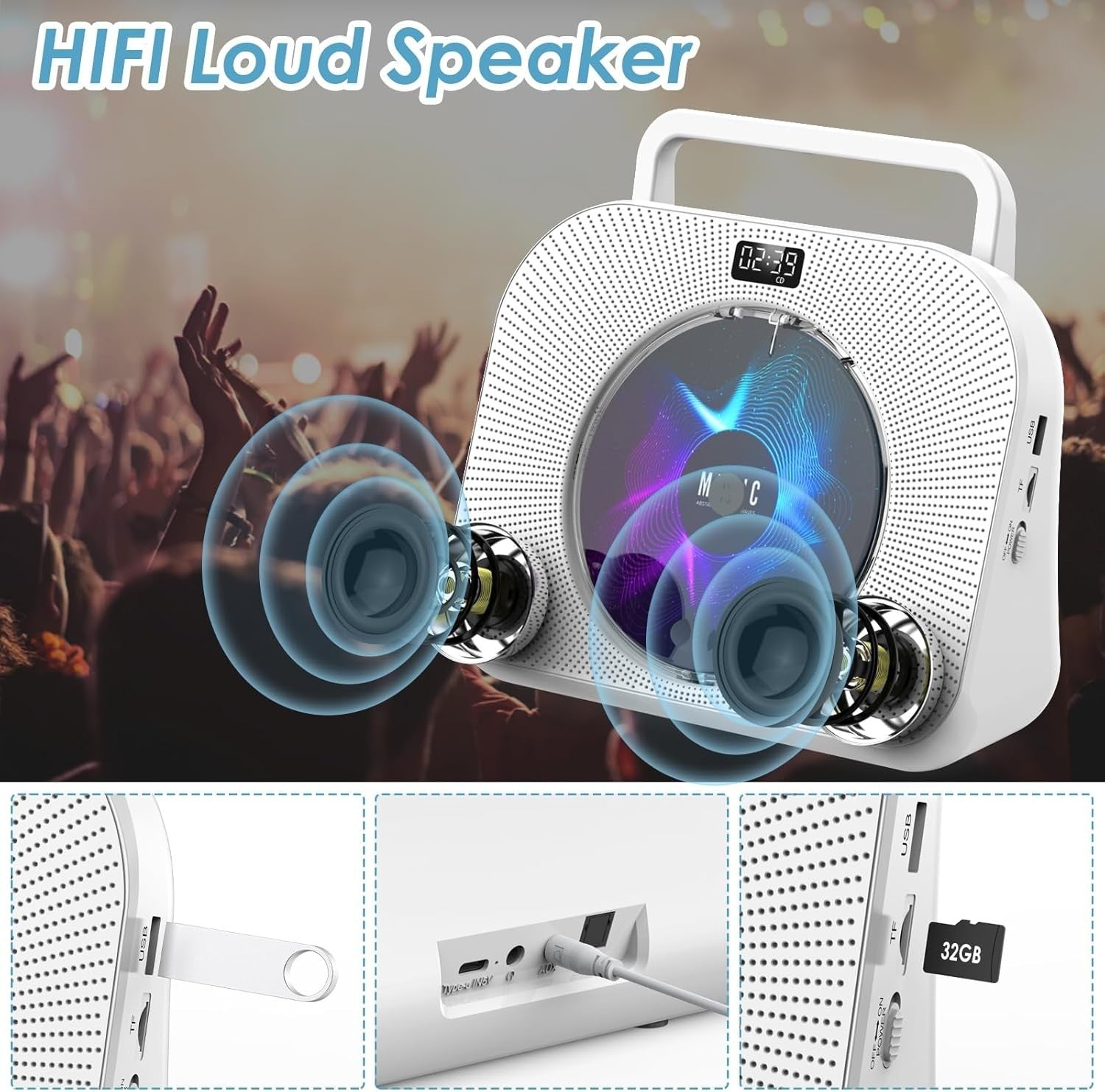 Bluetooth CD Player FM Radio USB TF AUX Sleep Timer Remote White