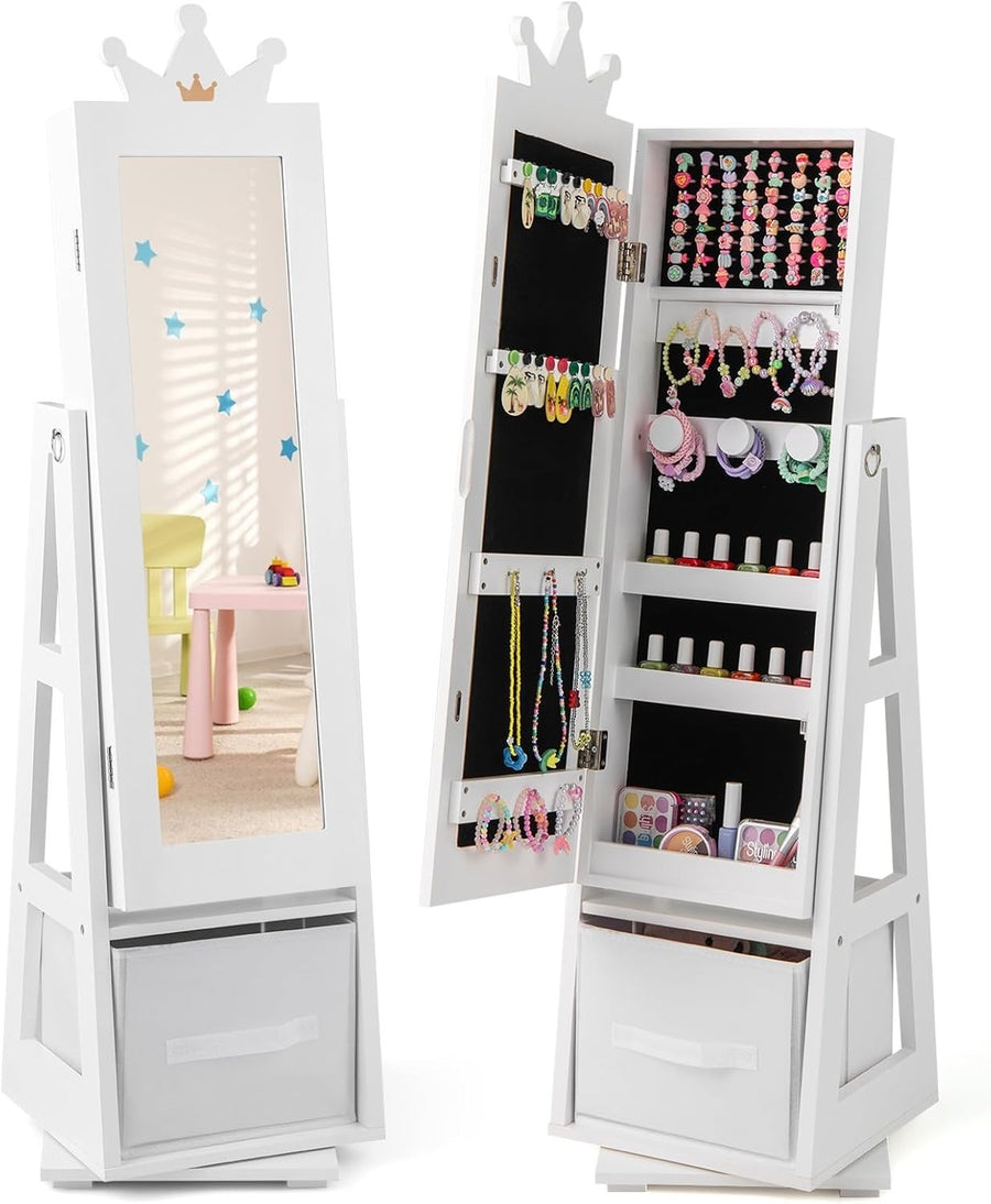 White 360° Rotating Jewellery Armoire Full Length Mirror Storage