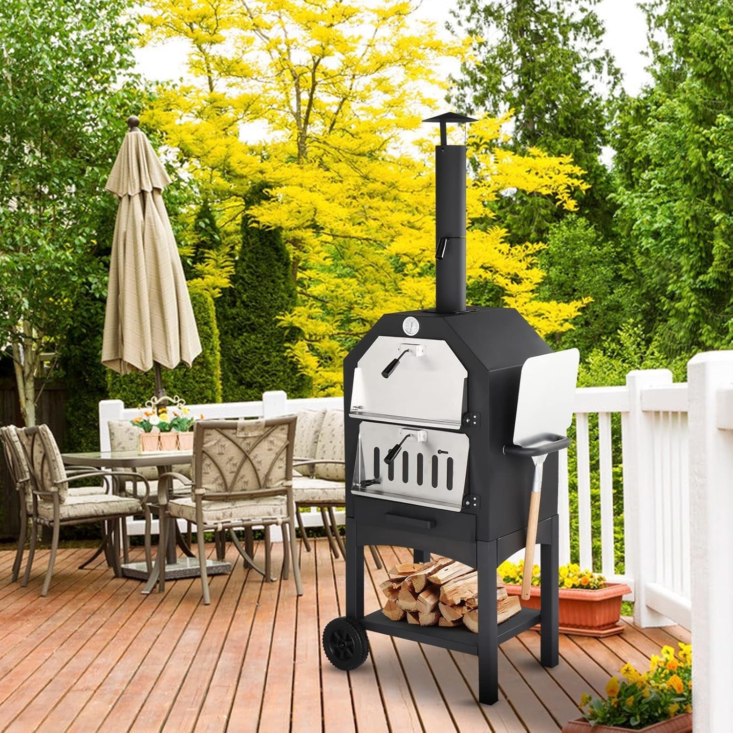Outdoor Pizza Oven with Chimney | Smoker BBQ Grill Stand & Storage Wheels