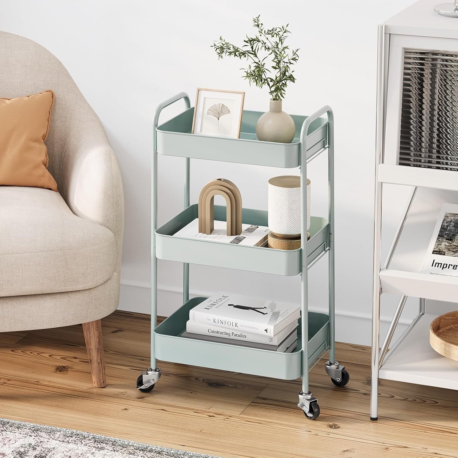 3 Tier Metal Rolling Utility Cart Kitchen Storage Trolley Wheels Green