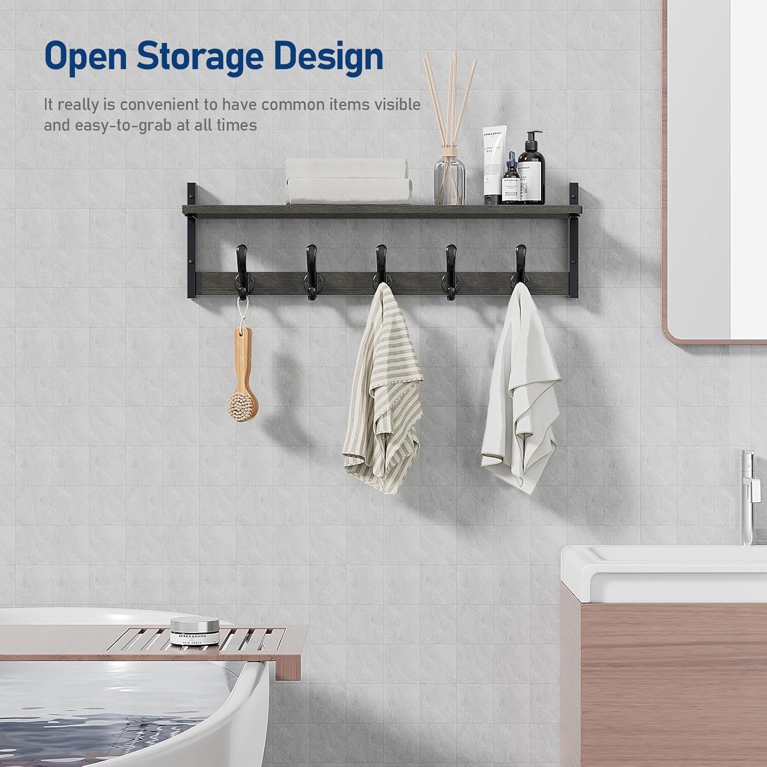 29” Rustic Dark Grey Wall Mounted Coat Rack with Shelf | 5 Hooks Entryway