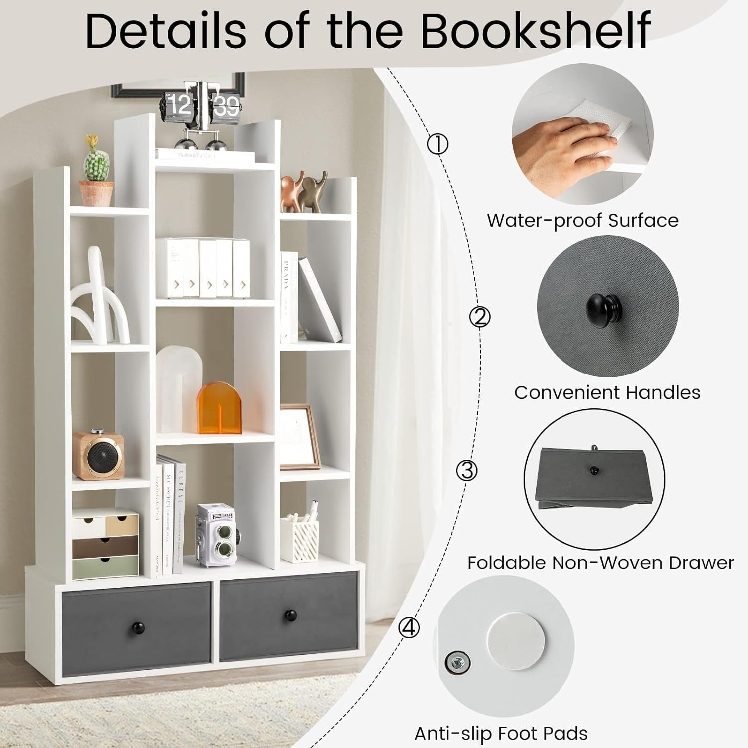 12-Tier White Wooden Bookshelf with 2 Foldable Drawers, Waterproof Storage