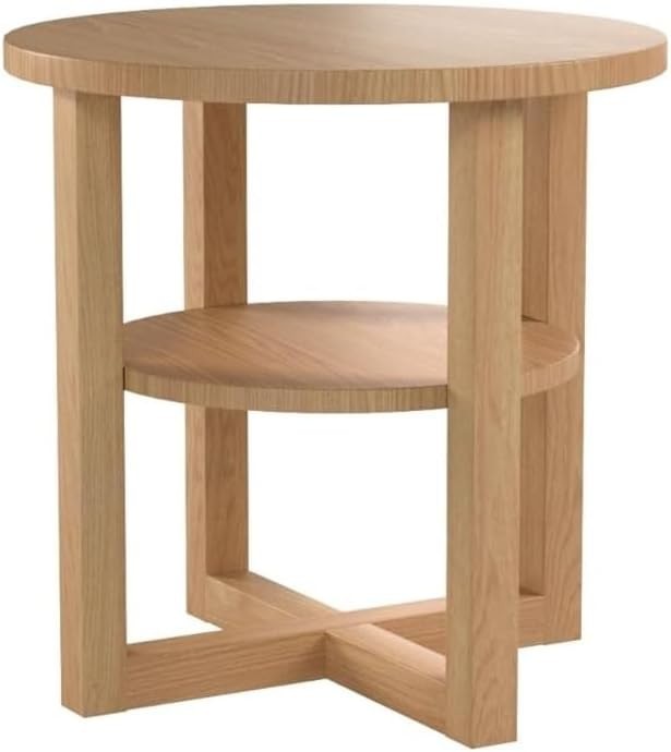 Oak Round Side Table 2-Tier | Small Coffee Table with Storage Shelf 50cm