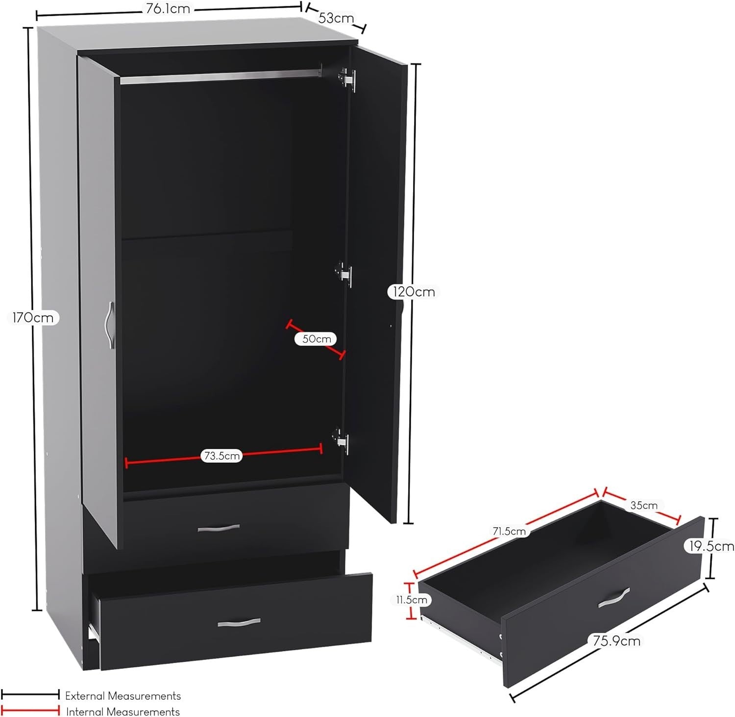 Black 2 Door Wardrobe With Drawers & Rail, Modern Storage Bedroom Unit