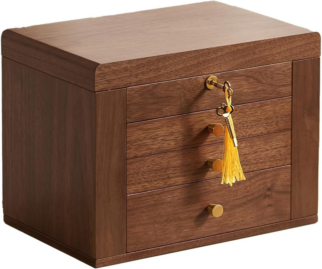 Black Walnut Wooden Jewelry Box Lockable Mirror 4 Layer Storage Case