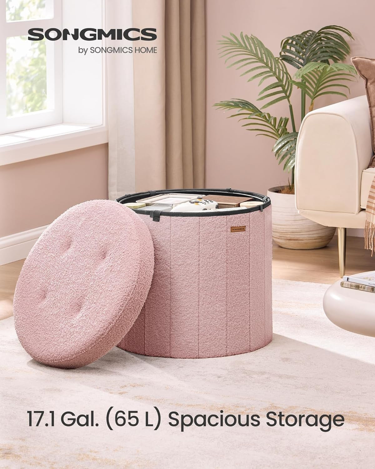 Jelly Pink Teddy Fleece Round Storage Ottoman Foldable Footstool 46cm