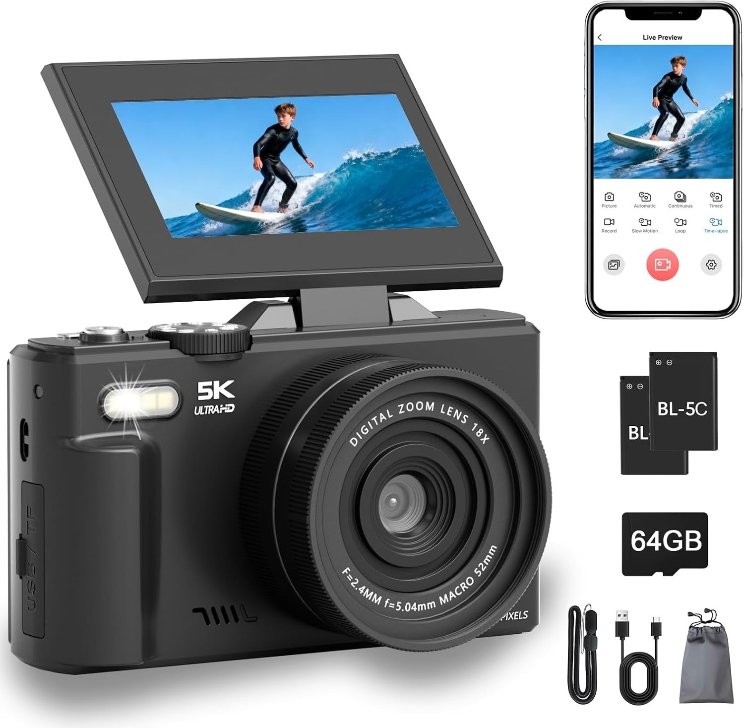 5K 75MP Vlogging Camera WiFi Flip Screen Zoom Camera 64GB Kit