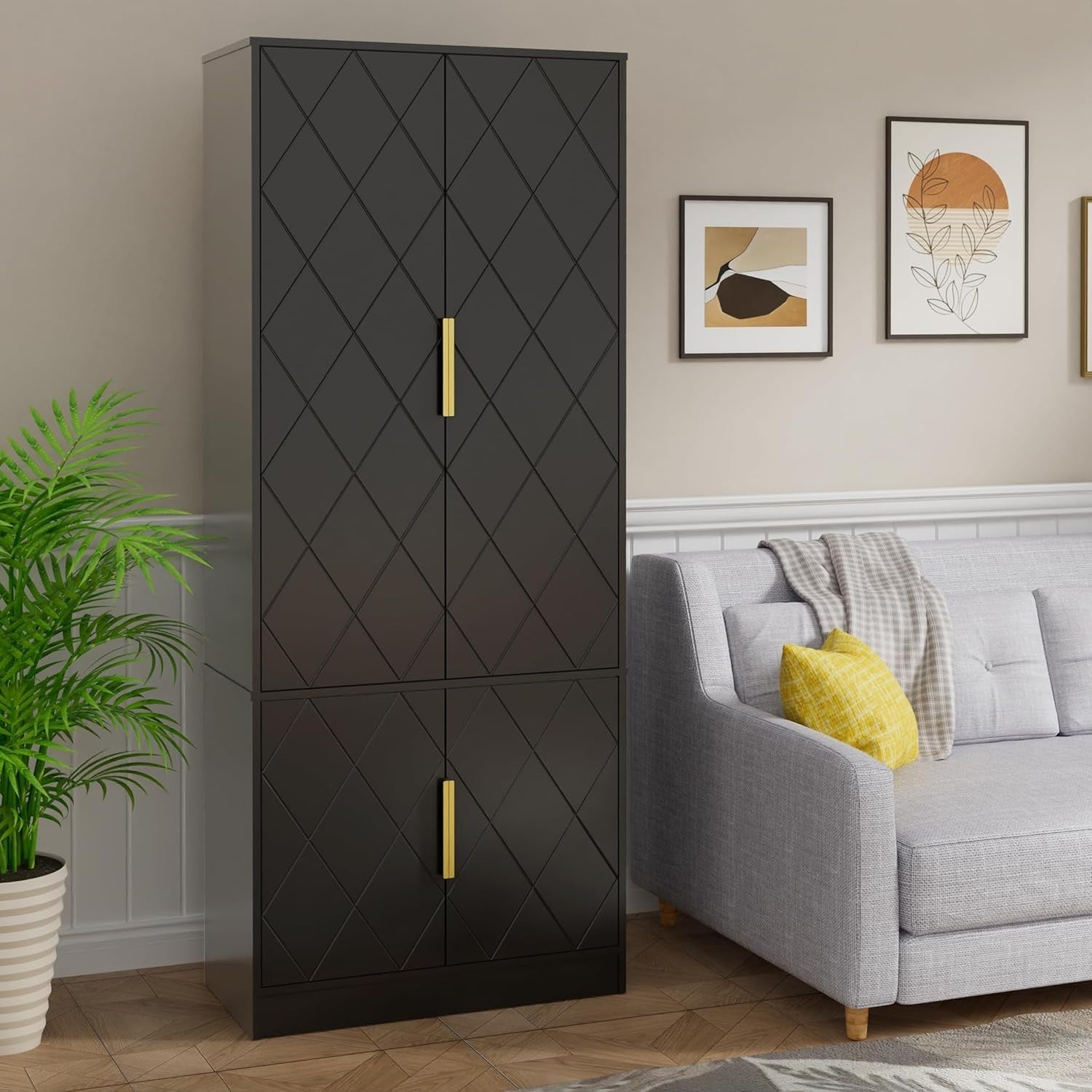 Tall Kitchen Cupboard Black 4-Door Buffet Cabinet Storage Unit