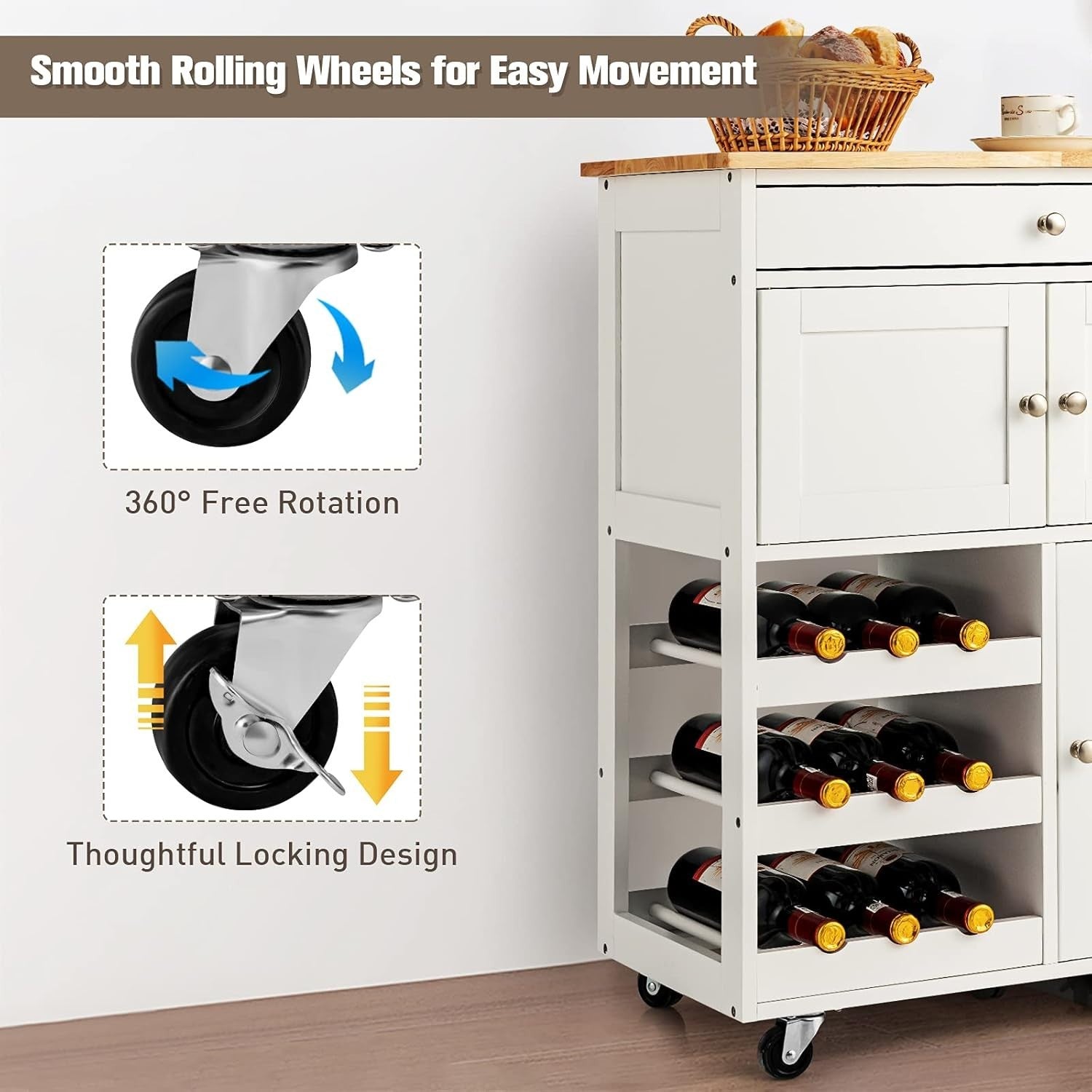 Luxury Kitchen Storage Trolley on Wheels with Drawer & Wine Rack, 37x67x86cm