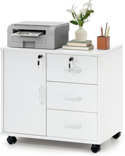 Locking Mobile File Cabinet 3 Drawer Printer Stand Rolling Office Storage