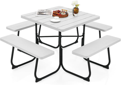 8 Seater Outdoor Picnic Table Set with Benches & Umbrella Hole – White