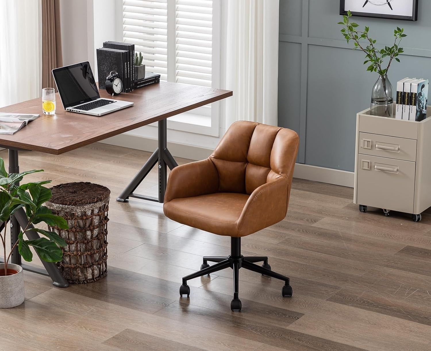 Faux Leather Office Chair Brown Swivel Desk Seat Height Adjustable Metal Base