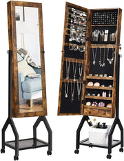 Brown Rolling Jewellery Cabinet Lockable Full Length Mirror Mobile Storage
