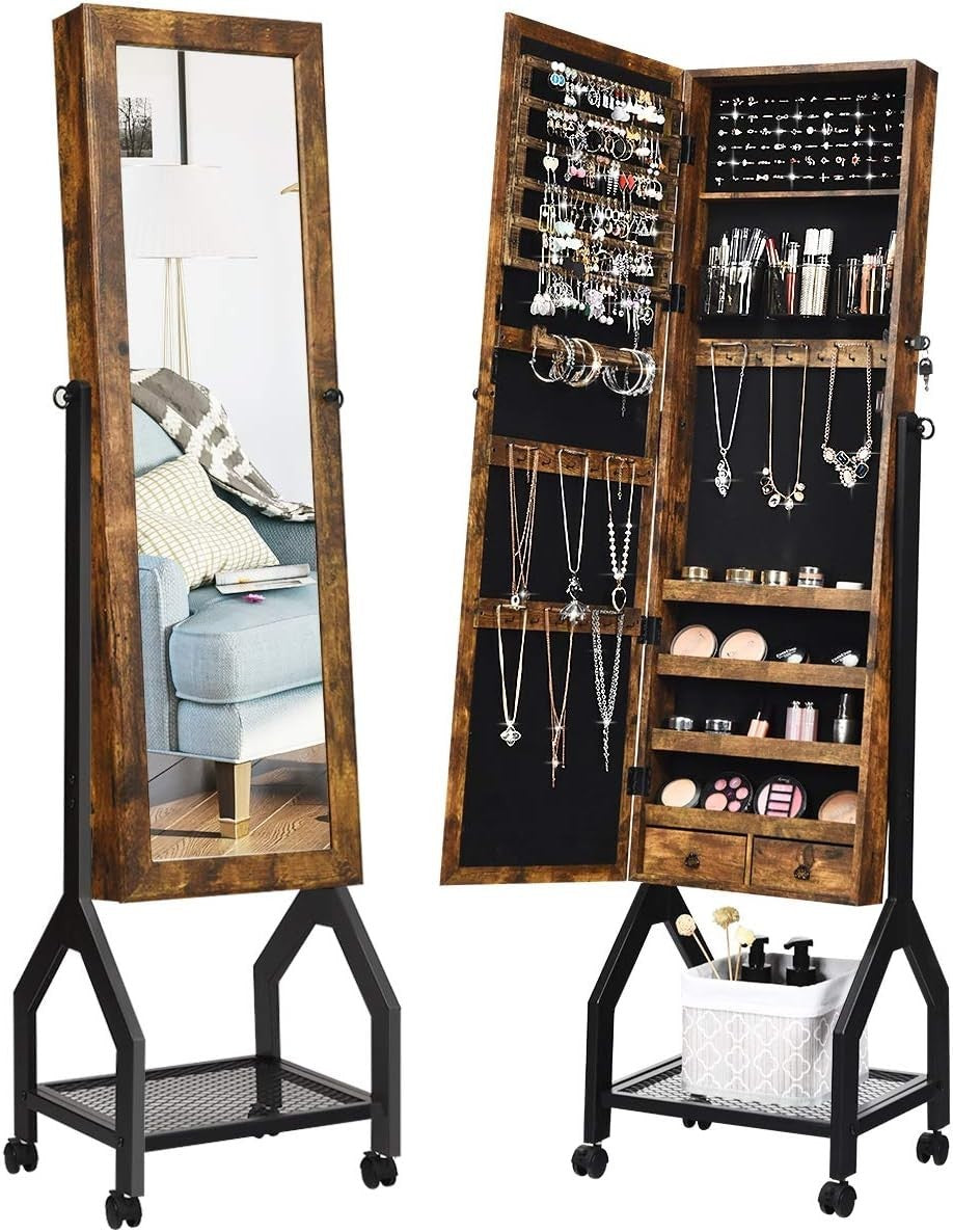 Brown Rolling Jewellery Cabinet Lockable Full Length Mirror Mobile Storage