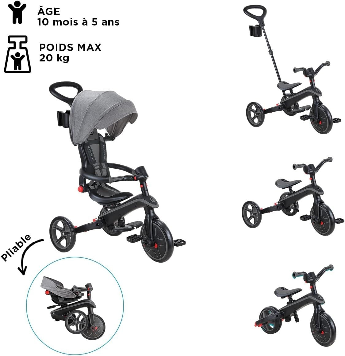 4 in 1 Foldable Trike Balance Bike Kids Ride On Canopy Black 1-5Y